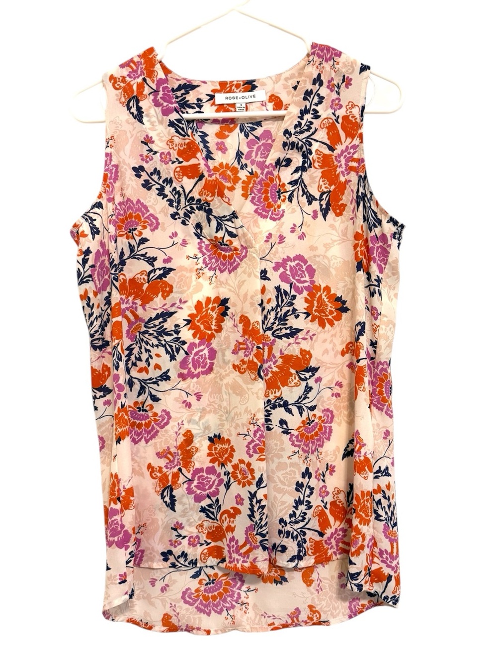 2/$30 Rose + Olive Floral Sleeveless Blouse Pink Orange Navy V-Neck Size Small